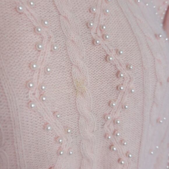 VINTAGE 90s sweater pink mock neck pearl beaded cable knit angora XL - Picture 8 of 11